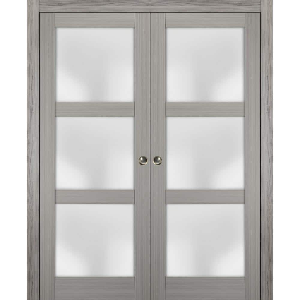 UPC 808226864907 product image for 2552 64 in. x 80 in. 3 Panel Gray Finished Pine Wood Sliding Door with Double Po | upcitemdb.com