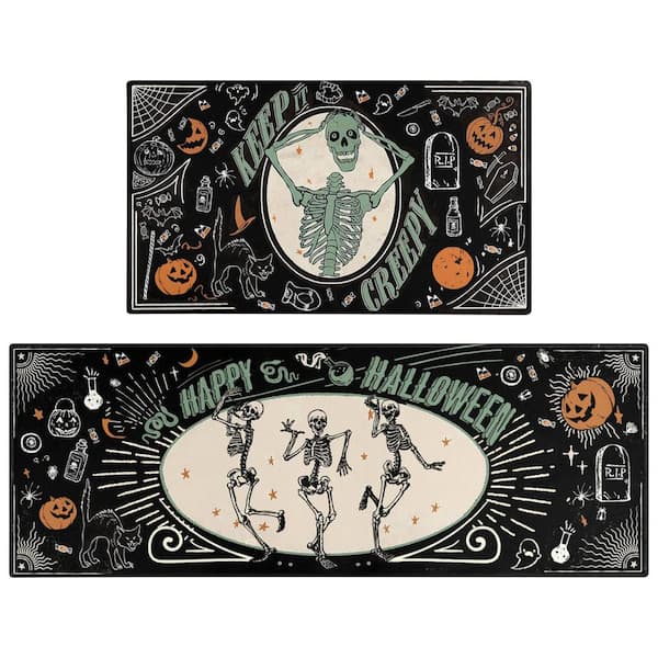 Angel Sar 17 in. x 47 in. and 17 in. x 30 in. Happy Halloween Skeleton Creepy Mats and Rugs for Home Decor (2-Pack)