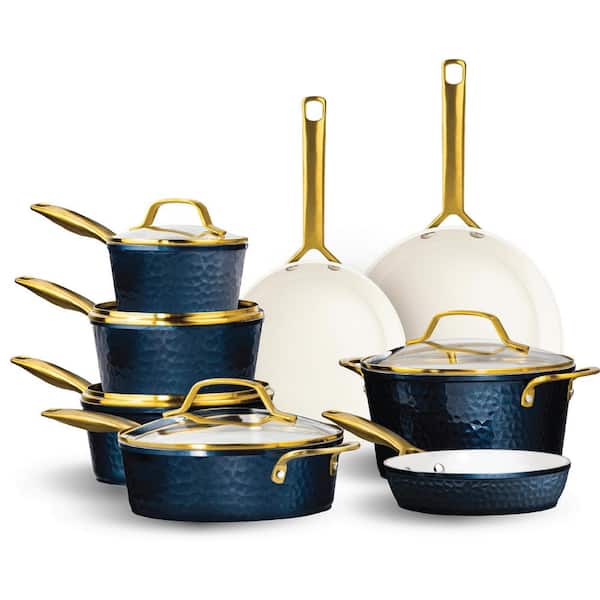 PRO Hammered 13-Piece Aluminum Ceramic Nonstick Cookware Set, Navy