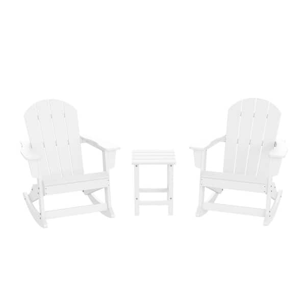 Laguna 3-Piece Fade Resistant Outdoor Patio HDPE Poly Plastic Adirondack Rocking Chairs and Side Table Set, White