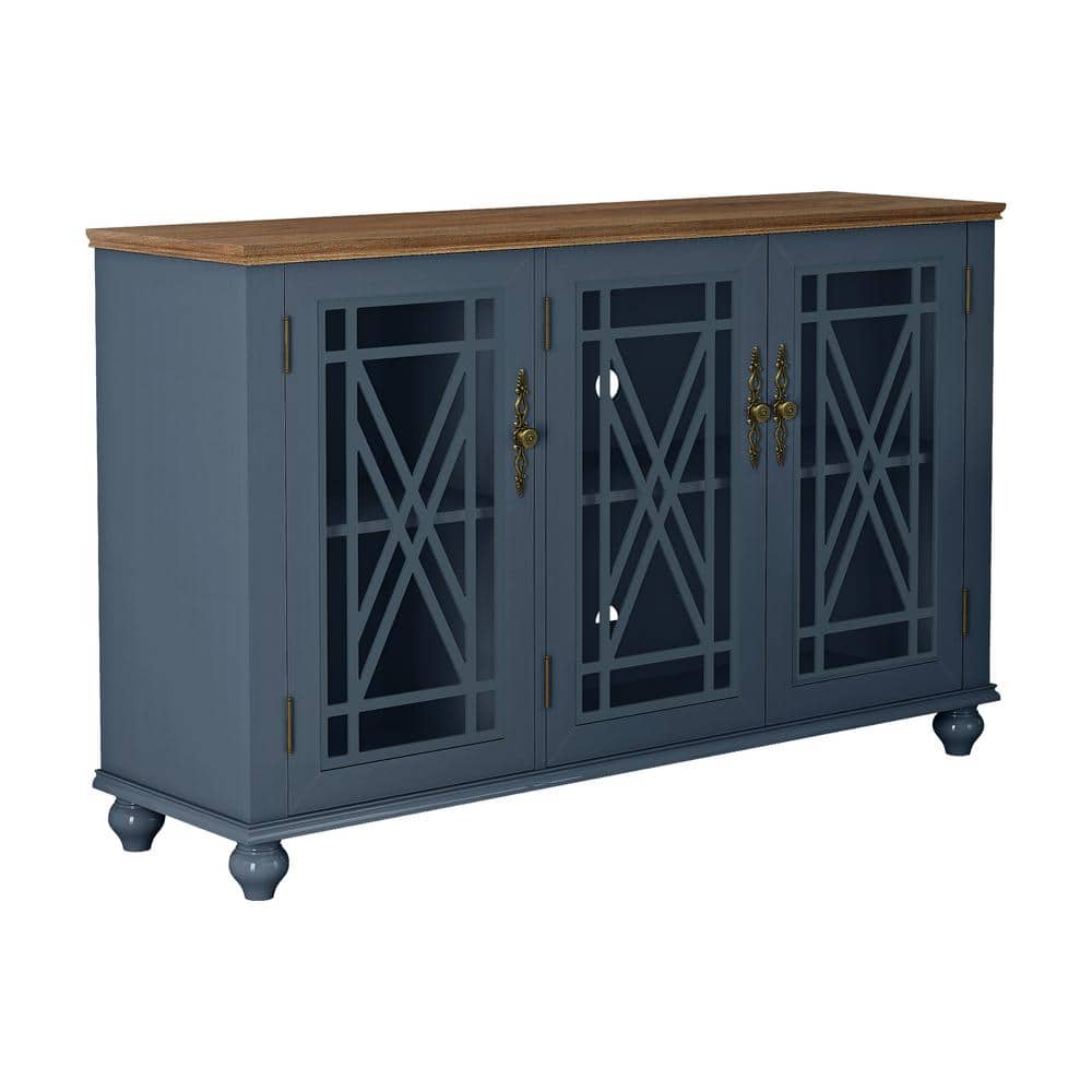 55" Navy and Wood Vintage Storage Sideboard Buffet Cabinet
