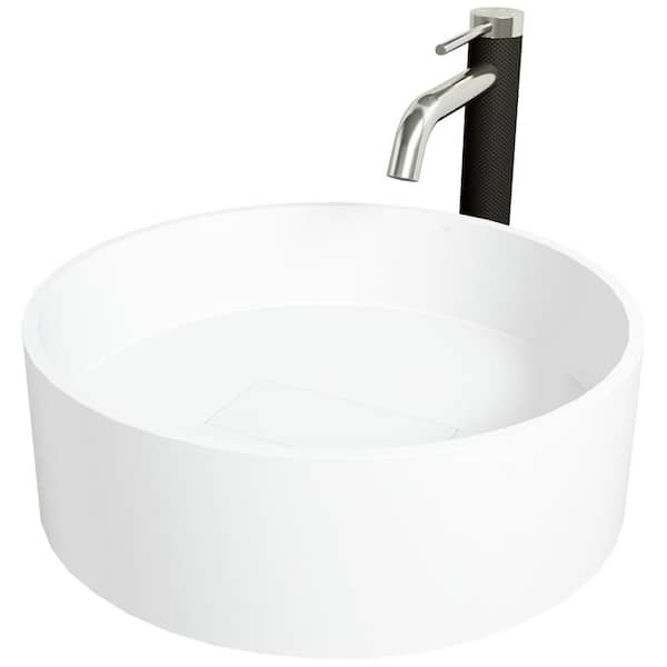 VIGO Matte Stone Bryant Composite Round Vessel Bathroom Sink in White with Lexington Faucet and Drain in Brushed Nickel