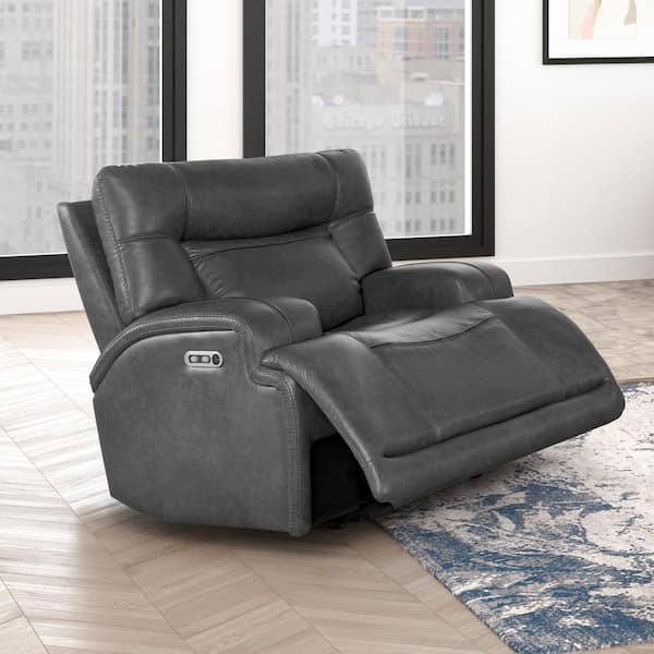 New Classic Furniture Titan Gray Polyester Recliner with Power Headrest and Footrest