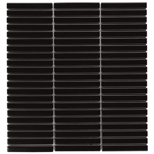 Ivy Hill Tile Motif Stacked Black Matte 3.73 in. x 0.27 in. Porcelain Mosaic Floor and Wall Tile Sample