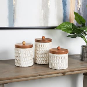 Cream Geometric Carved Spotted Decorative Paper Mache Canisters with Brown Removable Lids (Set of 3)