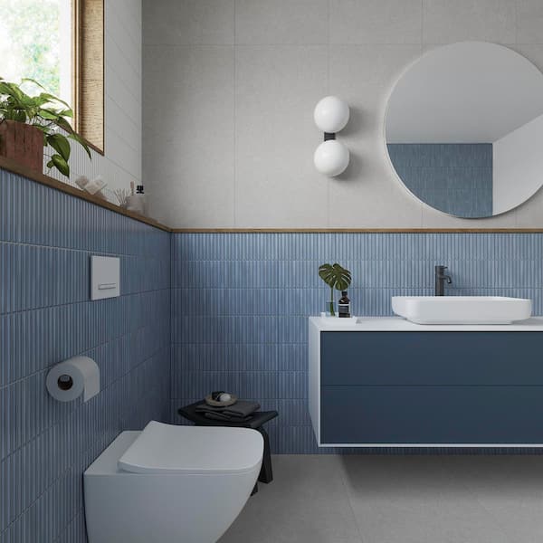 Spanish Lingot 4 in. x 12 in. x 9mm 3D Glazed Fluted Porcelain Wall Tile Blue-Sample