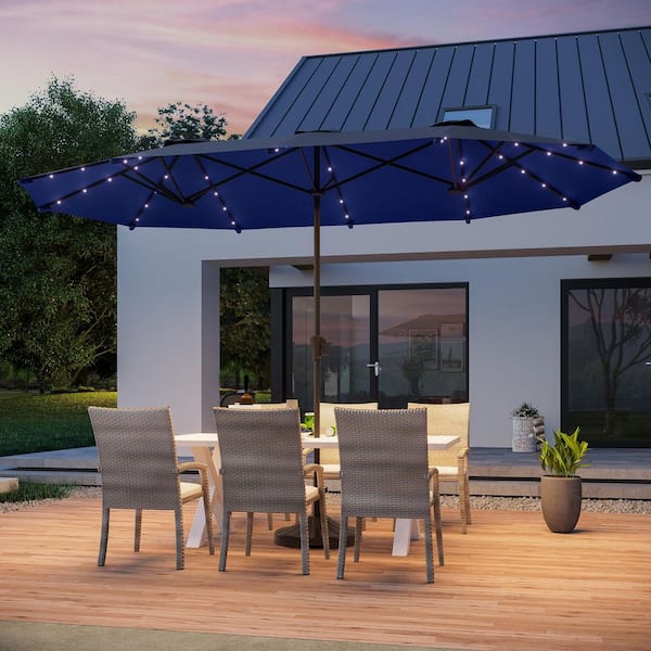 13 ft. x 7.2 ft. Steel Solar-Powered Double-Sided Market Patio Umbrella with Canopy Outdoor Table Umbrella in Navy Blue