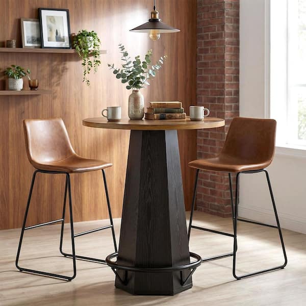 39.4 in. H Brown and Black Round Bar Table with Metal Footrest, Industrial Bistro Cocktail Pub Table