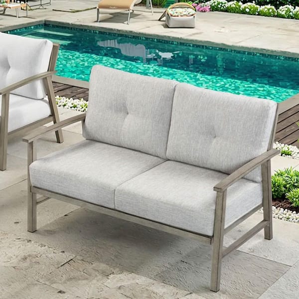 Dark Grey Aluminum Outdoor Loveseat with Grey Cushions