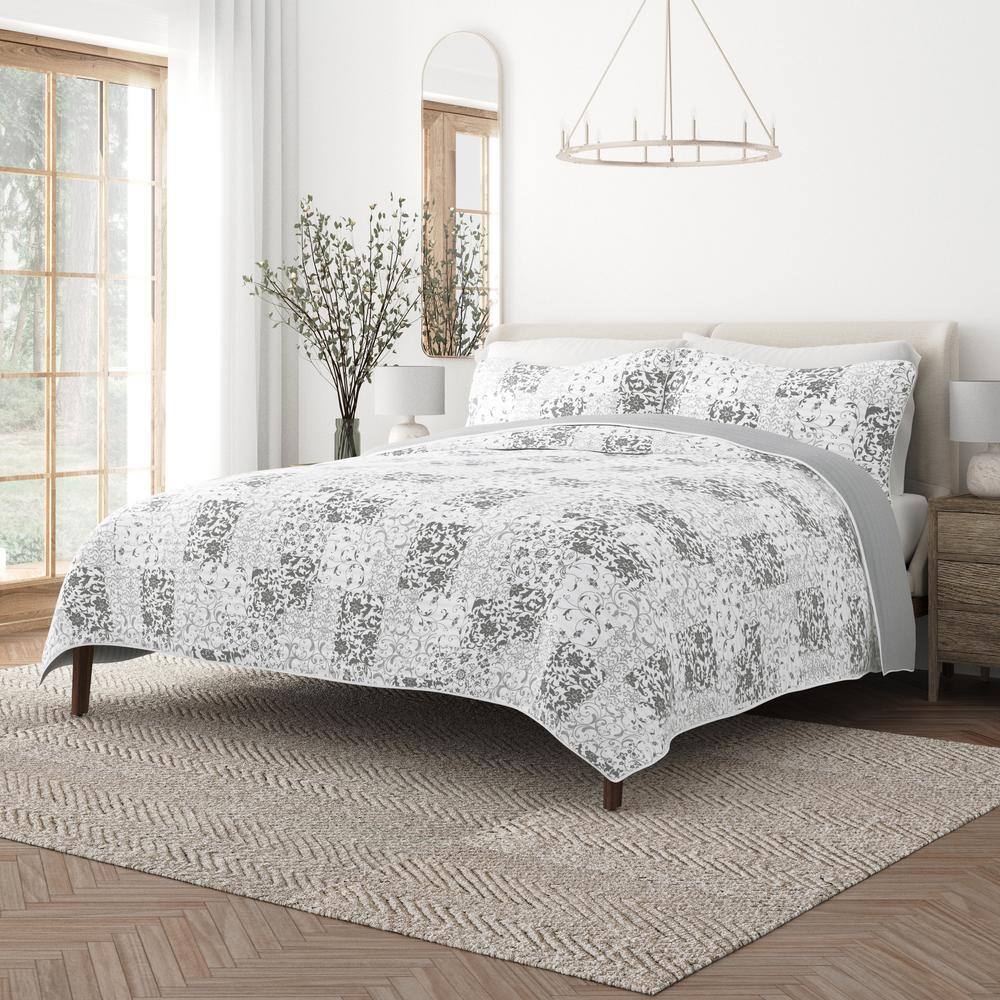 Light Gray King Reversible Microfiber Quilt Set with Shams