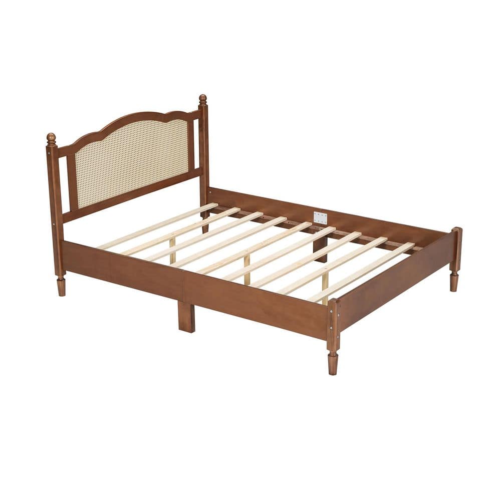 Walnut Brown Wood Frame Queen Size Platform Bed with Natural Rattan Headboard Wooden Slat Support, No Box Spring Needed