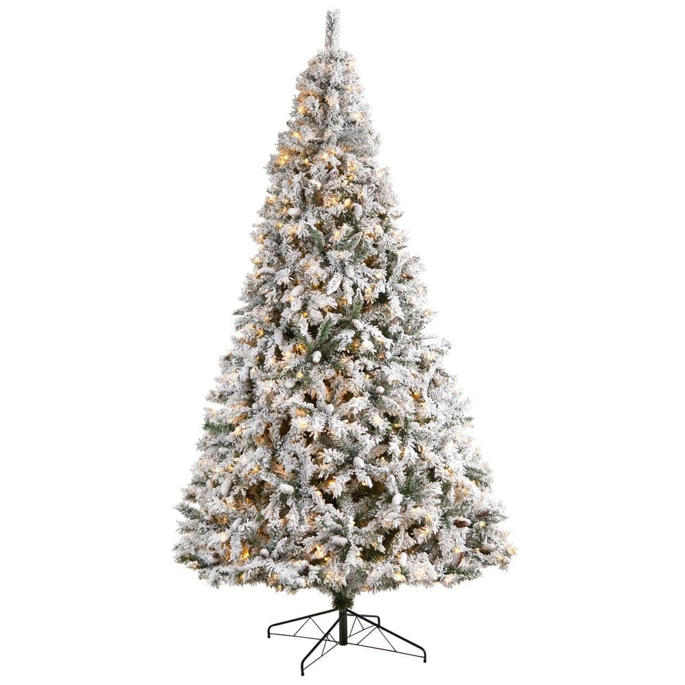 Nearly Natural 10 ft. Flocked White River Mountain Pine Artificial Christmas Tree with Pinecones and 800 Clear LED Lights