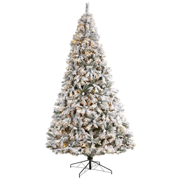 Nearly Natural 10 ft. Flocked White River Mountain Pine Artificial Christmas Tree with Pinecones and 800 Clear LED Lights