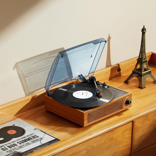3-Speed Vinyl Record Player Belt Driven with Built-In 3-Watt Speaker Magnetic Cartridge Support Bluetooth Aux