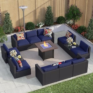 13PC Wicker Patio Fire Pit Sectional Seating Set with Blue Cushions