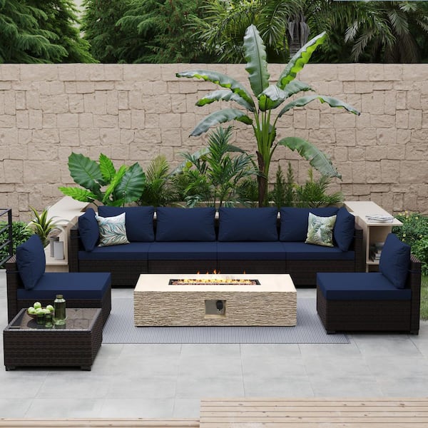 PATIOGUARDER 8-Piece Wicker Patio Conversation Set with Cushions and 56 in. Outdoor Rectangle Fire Pit Table, Navy Blue Cushions