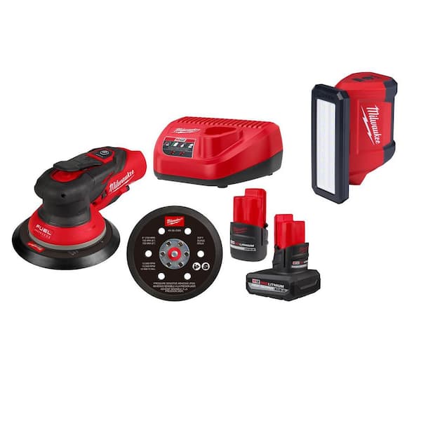 M12 FUEL 12-Volt Li-Ion Brushless Cordless 6 in. Random Orbital Sander Kit (3/32 in) w5.0Ah, 2.5Ah Batteries,&FloodLight