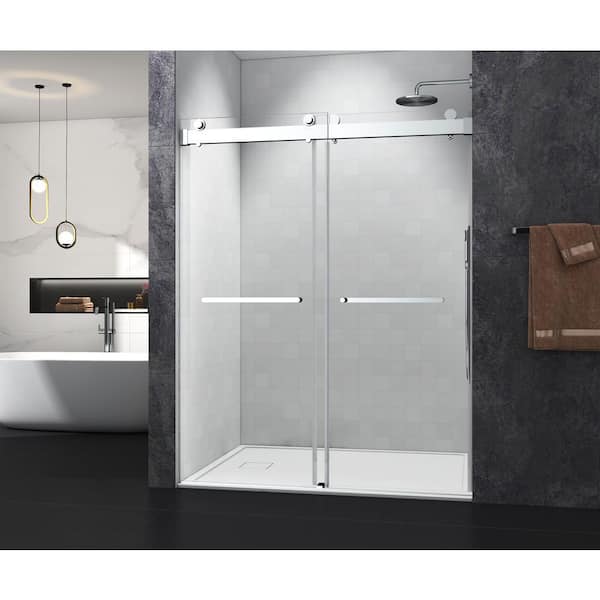 Xspracer Moray 72 in. W x 76 in. H Sliding Frameless Shower Door in Brushed Nickle Finish with Clear Glass