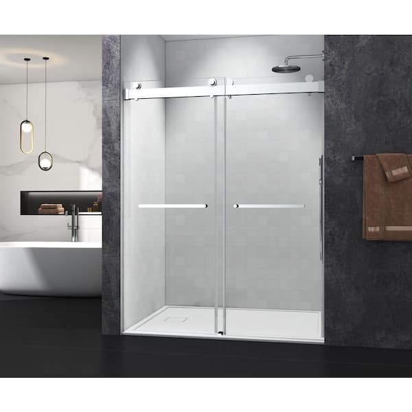 Xspracer Foyil 72 in. W x 76 in. H Sliding Frameless Shower Door in Brushed Nickel with Clear Glass