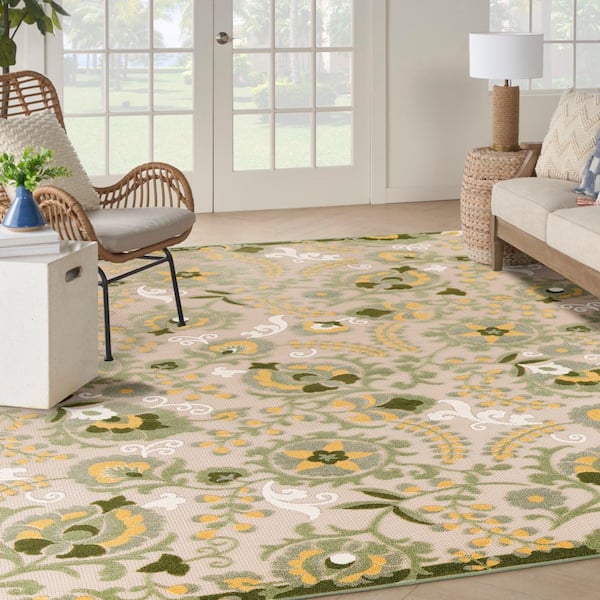 Aloha Ivory Green 8 ft. x 11 ft. Floral Contemporary Indoor/Outdoor Area Rug