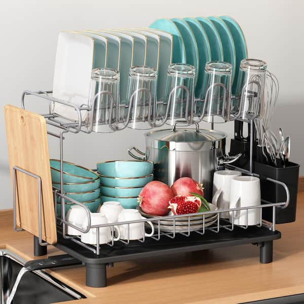 JASIWAY 16.8 in. Silver Stainless Steel 2-Tier Dish Rack Drying Rack ...