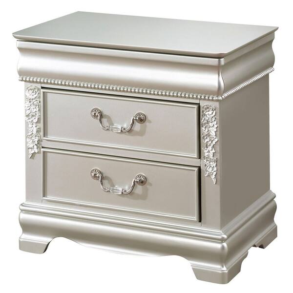 Furniture of America Jemez 2-Drawer Silver Nightstand and Care Kit (24 in. H x 24 in. W x 16 in. D)
