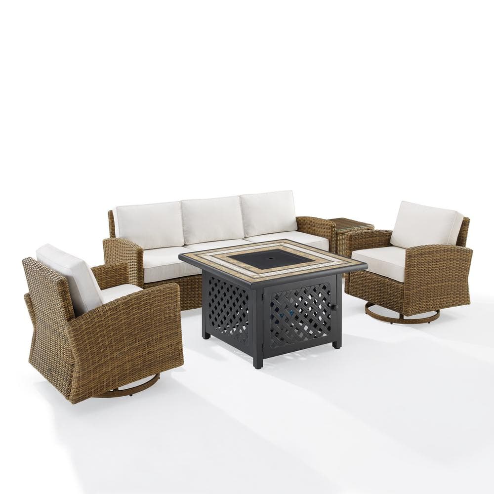 Bradenton 5Pc Outdoor Sofa Set with Swivel Rockers & Fire Table in Sunbrella White