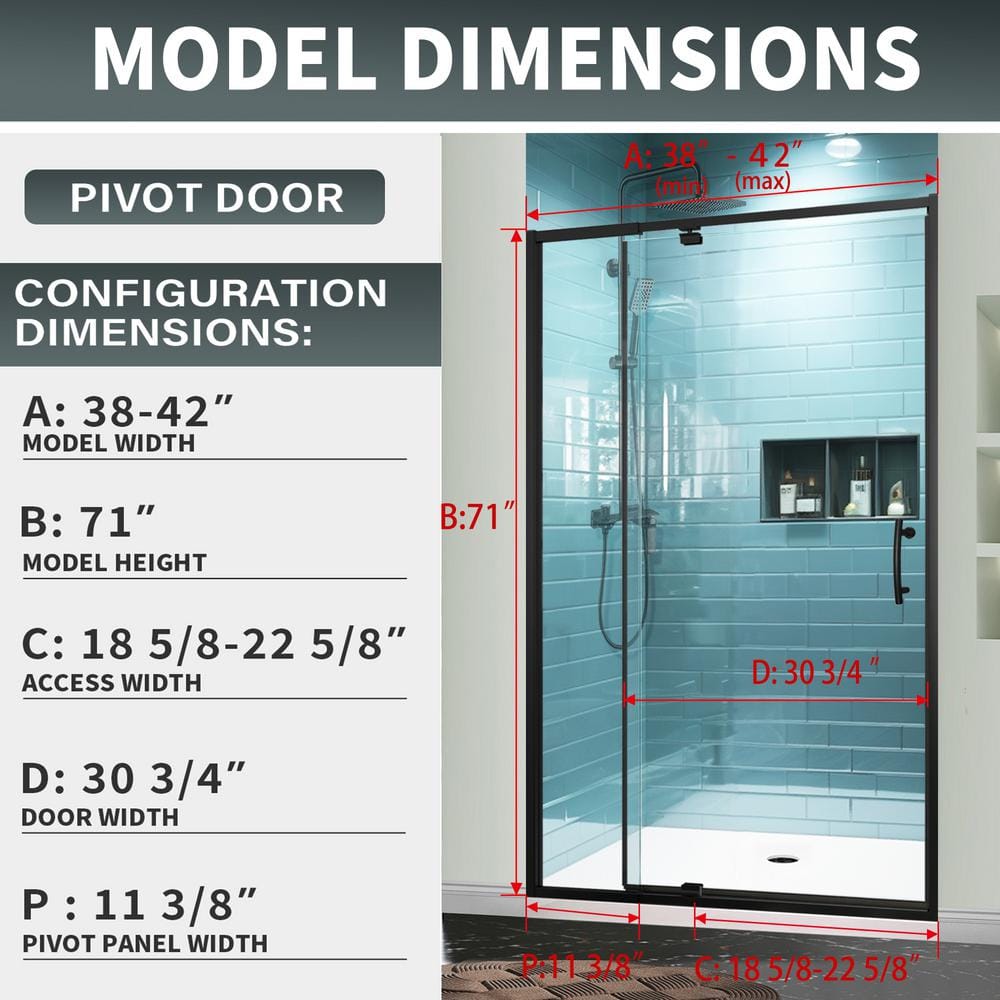 42 in. Matte Black Semi-Frameless Pivot Shower Door with Clear Glass