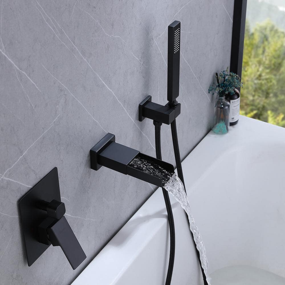 Matte Black Freestanding Waterfall Tub Faucet with Hand Shower