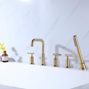 3-Handle Deck Mount Roman Tub Faucet with Hand Shower in Brushed Gold