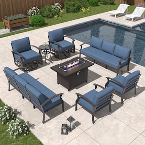 10-Piece Aluminum Patio Conversation Set with armrest, Firepit Table, Swivel Rocking Chairs and Navy Blue Cushions