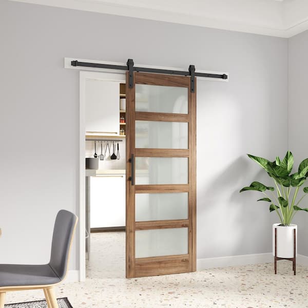 32 in. x 80 in. 5-Lite Frosted Glass Brown Finished Solid Wood MDF Assembly Required Sliding Barn Door with Hardware Kit