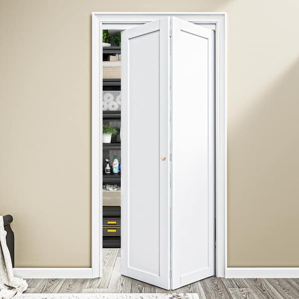 36 in. x 80 in. 1-Lite Panel Solid Core White Primed Composite MDF Closet Bi-fold Door with Handle and Hardware