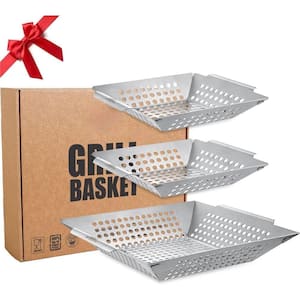 3-Pack Grill Baskets for Outdoor Grill, Heavy-Duty Stainless Steel Vegetable Grill Basket