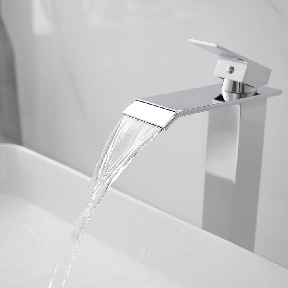Polished Chrome Waterfall Vessel Sink Faucet with Pop-Up Drain