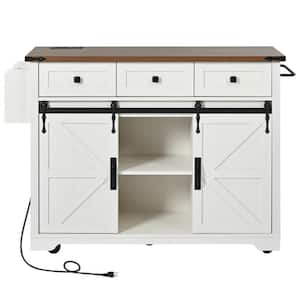 53 in. White Wood Kitchen Cart with Power Outlet, Kitchen Storage Island with Drop Leaf, Spice Rack and Drawer