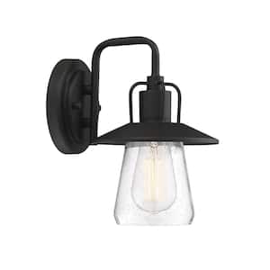 7 in. W x 10.5 in. H 1-Light Matte Black Outdoor Hardwired Wall Lantern Sconce with Clear Seeded Glass Shade