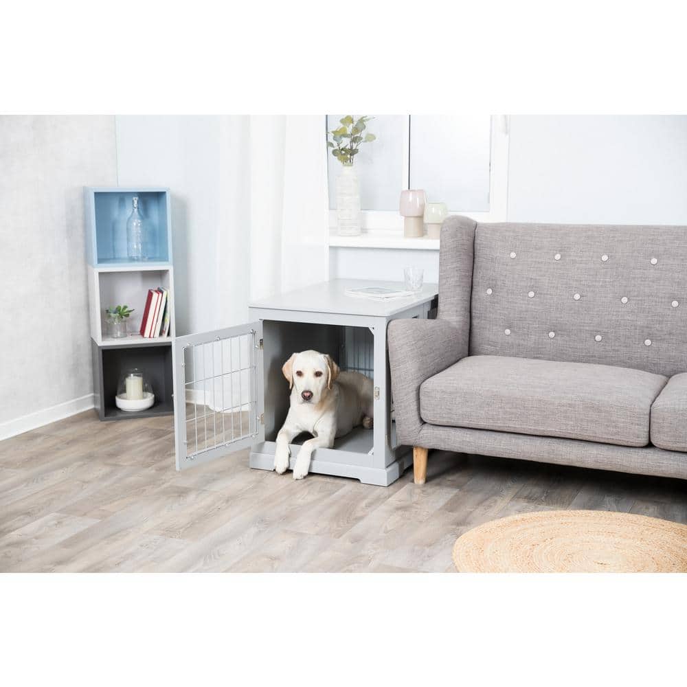 Gray Medium Wooden Dog Crate Table with Lockable Doors
