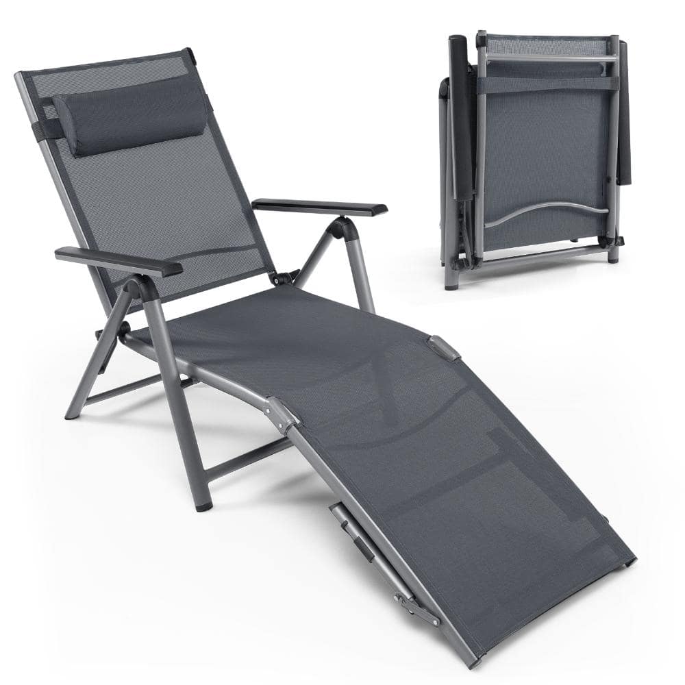 71 in. Aluminum Folding Patio Chaise Lounge Chair with 8-Position Backrest and Pillow, Gray price history on PriceWatchPro