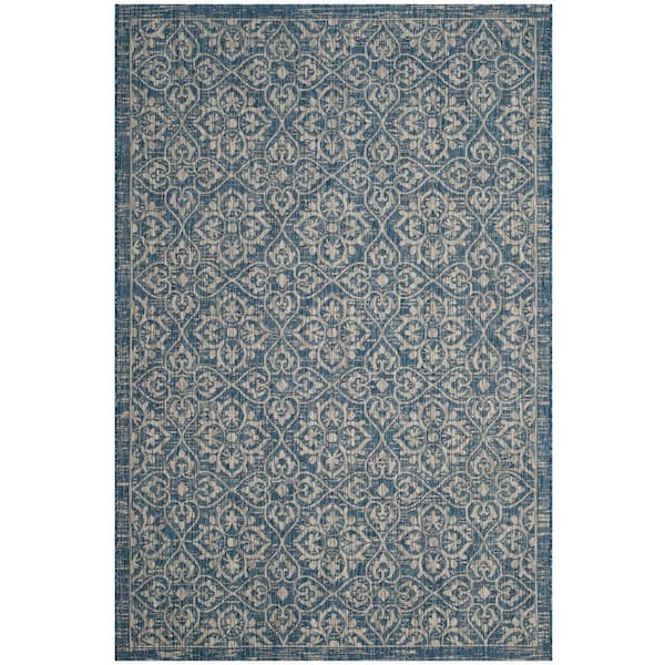 Courtyard Navy/Gray 5 ft. x 8 ft. Border Floral Indoor/Outdoor Area Rug