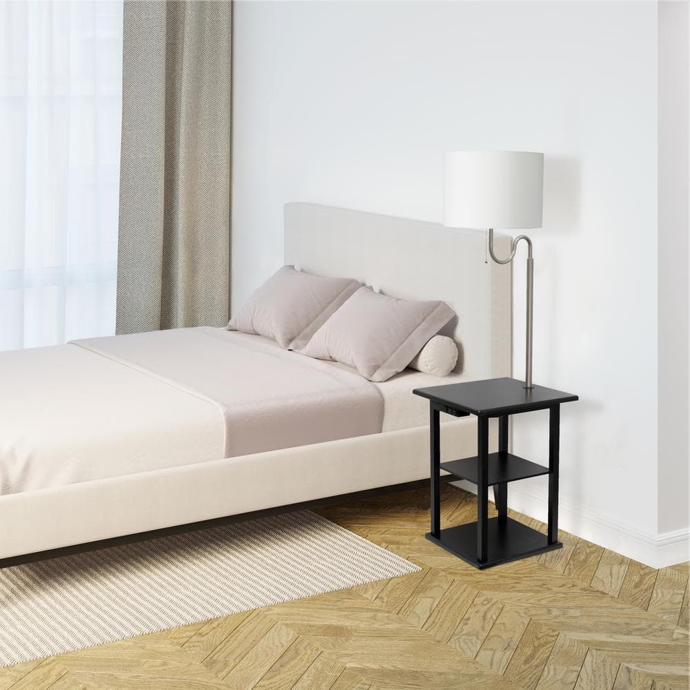 57" Black Modern 2-Tier End Table Floor Lamp with USB Ports