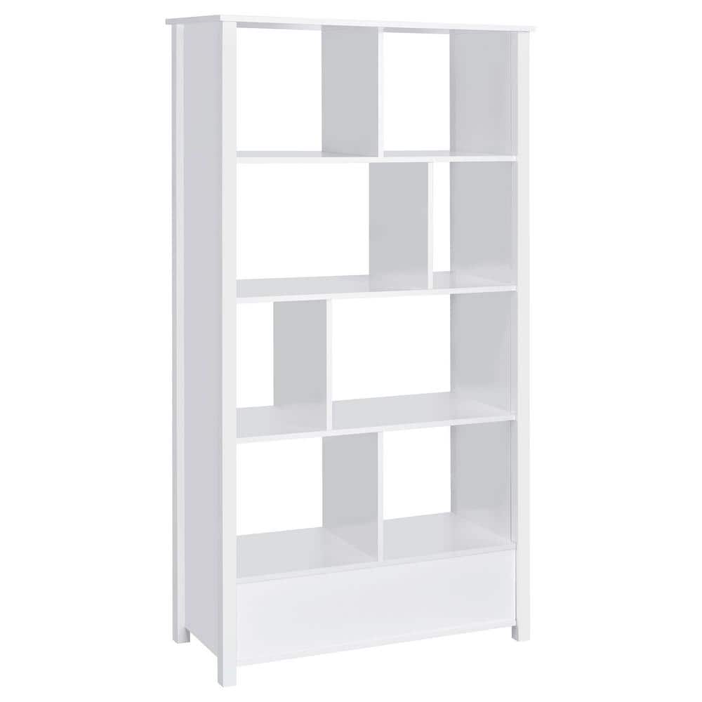 Contemporary White 8-Shelf Bookcase with Sleek Storage Drawer