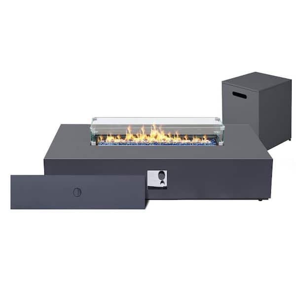 50,000 BTU 56 in. Rectangular Iron Propane Fire Pit Table with Tank Cover and Glass Wind Guard in Dark Gray