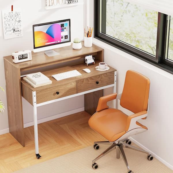 Gymax 39.5 in. Natural Extendable Computer Desk with 2-Storage