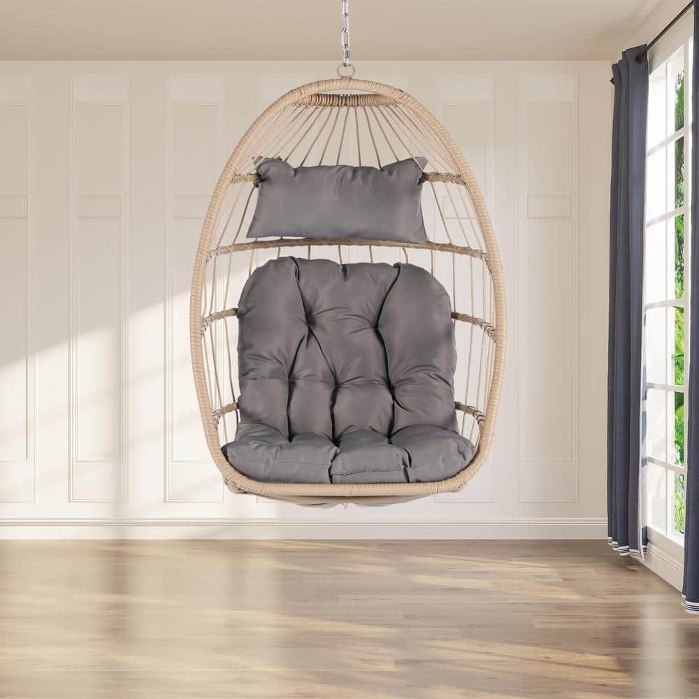 28.5 in. Wicker Rattan Foldable Patio Hanging Swing Chair with Light Gray Cushions (No Stand)