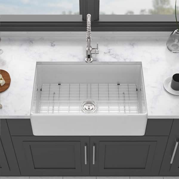 33 in. Undermount Single Bowl White Ceramic Kitchen Sink with Bottom Grids