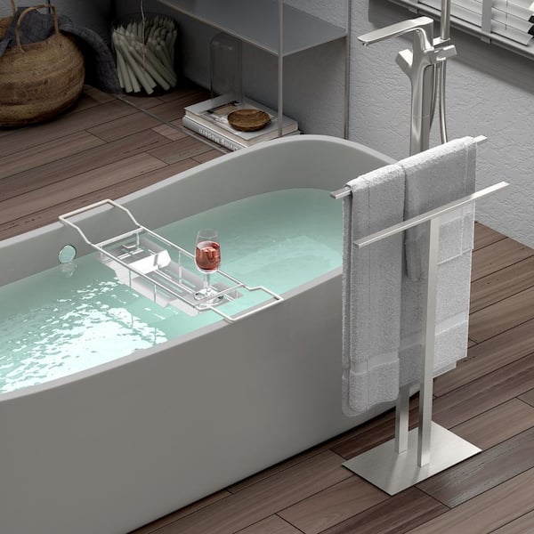 Modern 2-Bar Level Floor Standing Towel Rack Holder in Satin Nickel