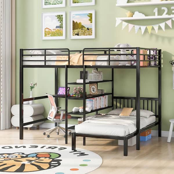 Black Full over Twin Metal Bunk Bed with Built-in Desk and Shelves