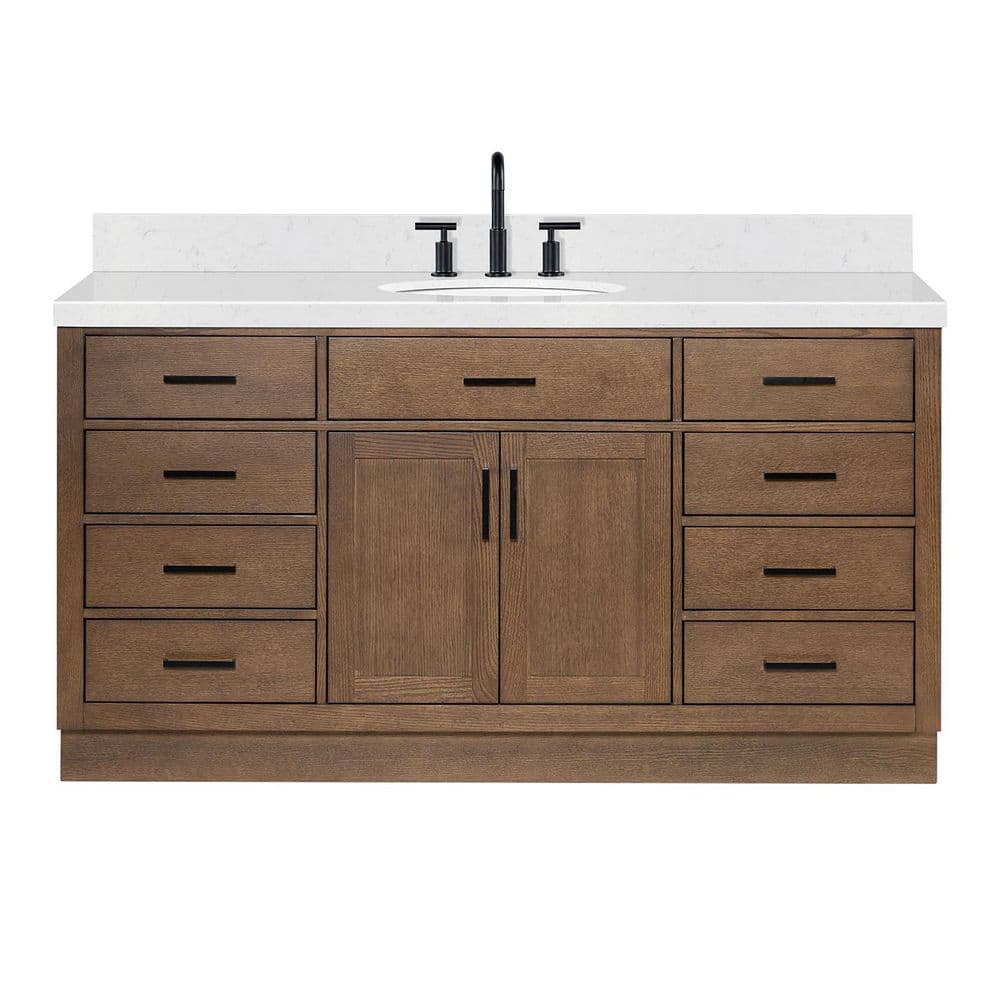 Hepburn 66 in. Single Sink Freestanding Bath Vanity in Brown Oak with Carrara White Quartz Top price history on PriceWatchPro