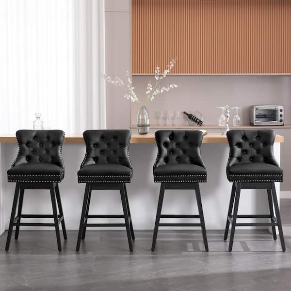 30 in. Black Faux Leather Upholstered Solid Wood Frame Bar Height Swivel Bar Stool (Set of 4)